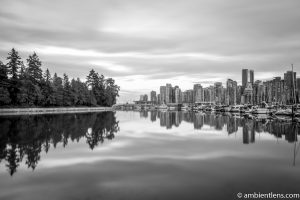 Reflection of Stanley Park and Downtown Vancouver (BW)