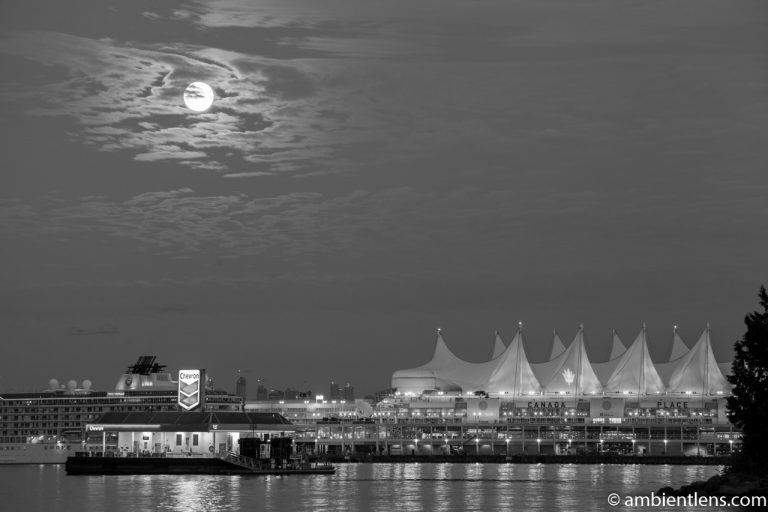 Moon and Downtown Vancouver 3 (BW)