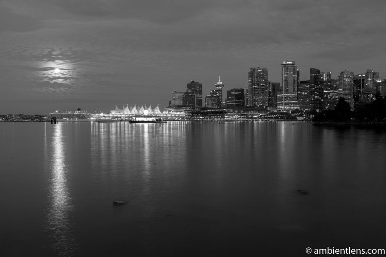 Moon and Downtown Vancouver 2 (BW)