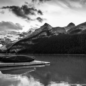 Canoes at Lake Louise, Banff, Alberta 1 (BW SQ)