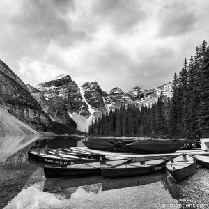 Canoes at Moraine Lake, Banff, Alberta (BW SQ)