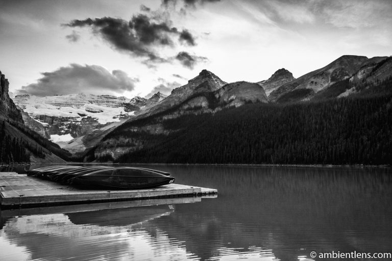 Canoes at Lake Louise, Banff, Alberta 1 (BW)