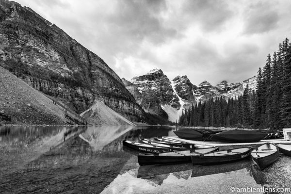 Canoes at Moraine Lake, Banff, Alberta (BW)