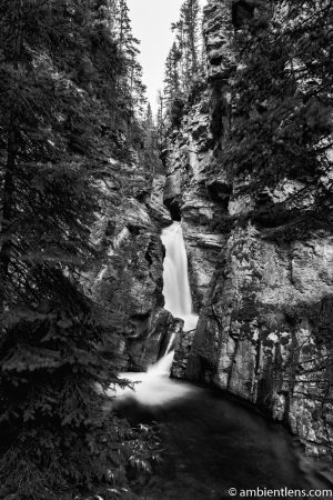 The Lower Falls at Johnston Canyon, Banff, Alberta 1 (BW)