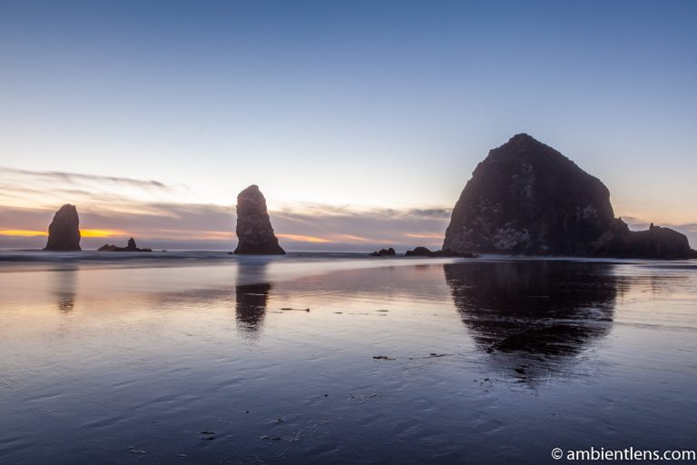 Haystack Rock and The Needles at Sunset